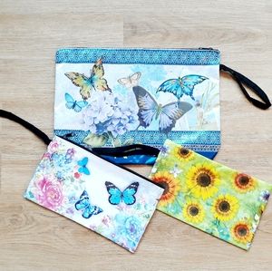 3 Floral Butterfly Cosmetic Travel Pouch with Wristlet Strap